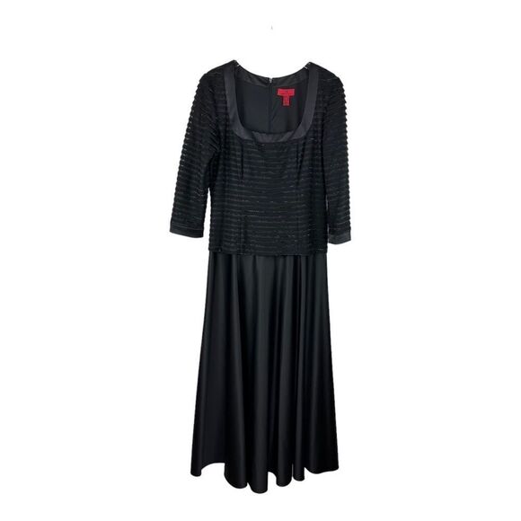 JS Collections Black Satin Gown‎ W/Square Neckline and Subtle Sparkle Top Sz 14 - Picture 1 of 14